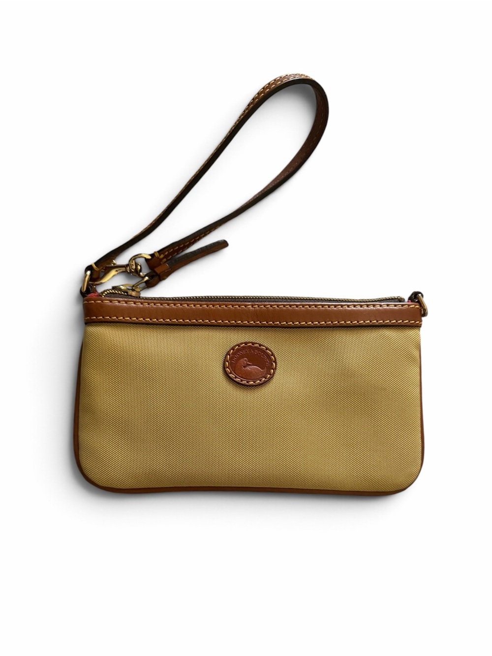 Dooney & Bourke Yellow Canvas Wristlet with Brown Leather Trim and Strap